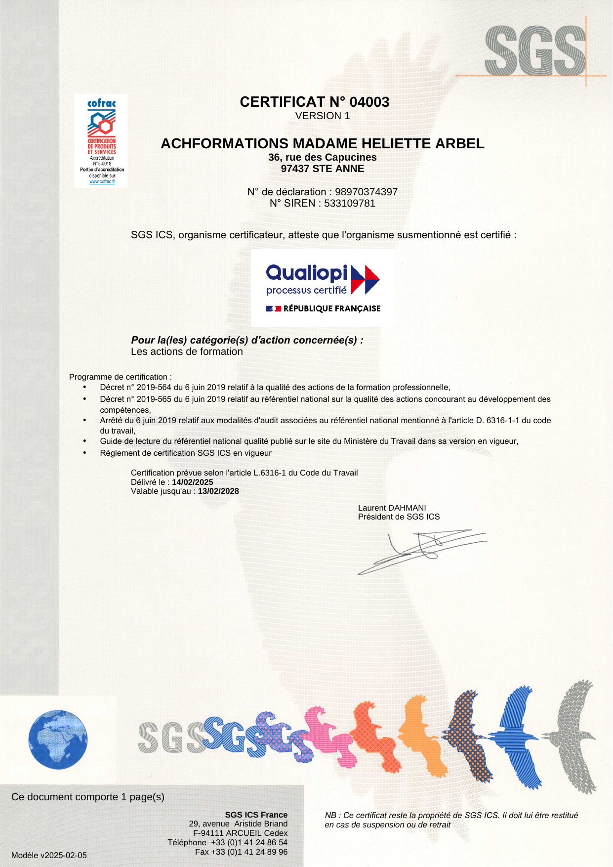 Certificat Qualiopi N°04003 — ACH Formations